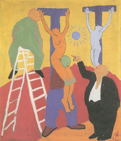 Kreuzabnahme und Mann mit Frack von Wilhelm Morgner als Kunstdruck auf Leinwand