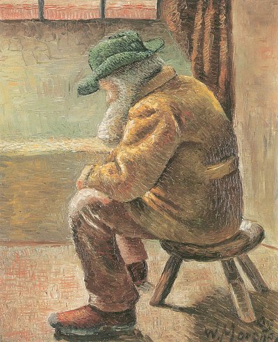 Schulte auf dreibeinigem Hocker von Wilhelm Morgner als Kunstdruck auf Leinwand
