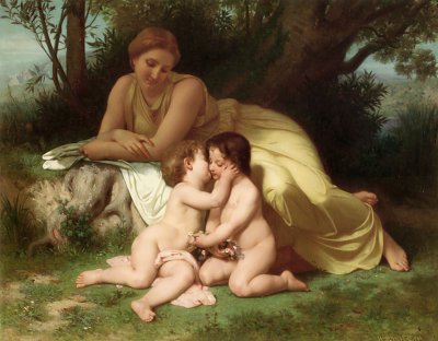 Young Woman Contemplating Two Embracing Children von William Adolphe Bouguereau als Kunstdruck auf Leinwand