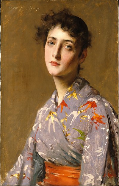 Girl in a Japanese Costume von William Merritt Chase als Kunstdruck auf Leinwand