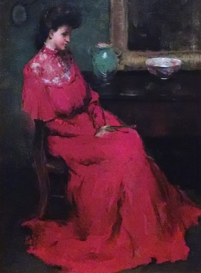 hawthorne girl in red von William Merritt Chase als Kunstdruck auf Leinwand