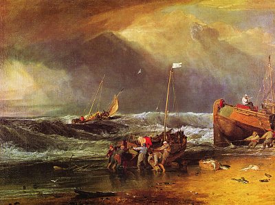 Strandszene mit Fischern die ein Boot ziehen von William Turner als Kunstdruck auf Leinwand