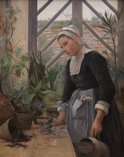 Anna Petersen Breton Girl Looking After Plants in the Hothous von Einzelne als Kunstdruck auf Leinwand