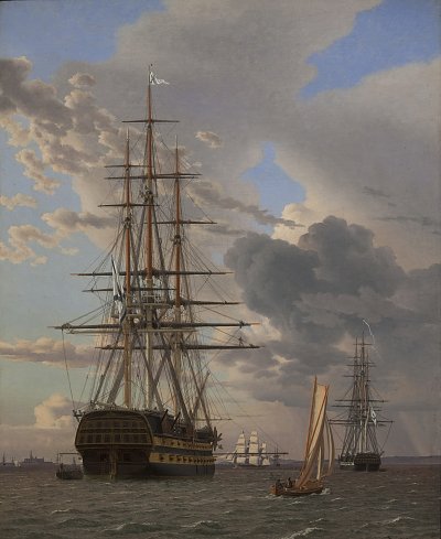 C W Eckersberg The Russian Ship of the Line Asow and a Frigate at Anchor in the Roads of Elsinore von Einzelne als Kunstdruck auf Leinwand