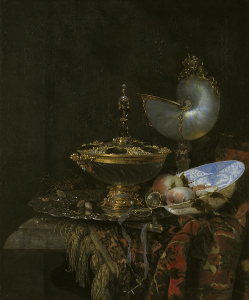 Kunstdruck Kalf Willem Pronk Still Life with Holbein Bowl Nautilus Cup Glass Goblet and Fruit Dish von einzelne als Leinwandbild