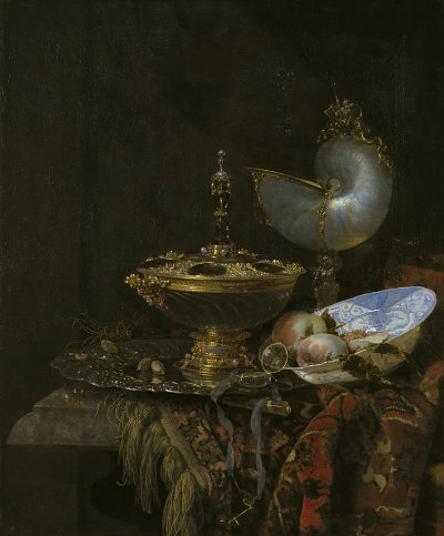 Kalf Willem Pronk Still Life with Holbein Bowl Nautilus Cup Glass Goblet and Fruit Dish von Einzelne als Kunstdruck auf Leinwand