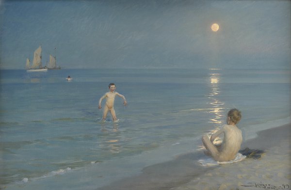 Kunstdruck P S Kroyer Boys Bathing at Skagen Summer Evening von einzelne als Leinwandbild