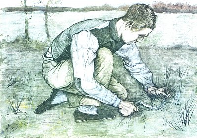 Kauernder Junge mit Sichel von van Gogh als Kunstdruck auf Leinwand